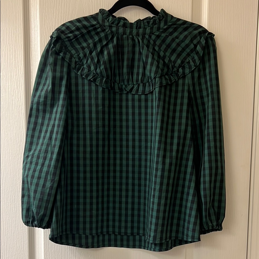 Draper James Green Black Ruffled Bib Collar Blouse